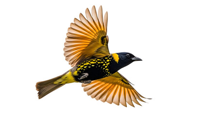 Obraz premium Yellow and black bird with outstretched wings in flight isolated on a transparent background feathers