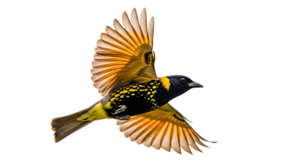 Yellow and black bird with outstretched wings in flight isolated on a transparent background feathers