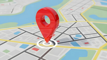 A red location marker pinpointing a specific place on a city map, illustrating the concept of navigation and location tracking