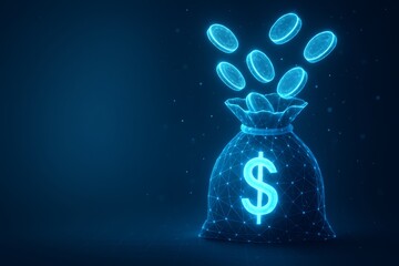 Glowing digital money bag with dollar symbol and flying coins on dark blue background, symbolizing virtual wealth and modern financial technology concepts. Ai generative