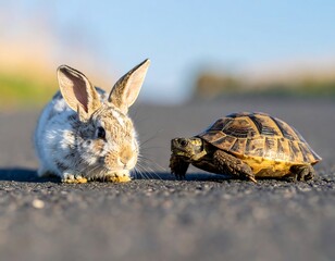 Close-up of rabbit and tortoise on asphalt road