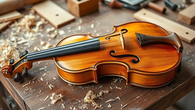 entitling. Unfinished violin on a workbench surrounded by wood shavings, warm wood tones and traditional craftsmanship. safety posters.
