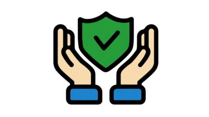 Protecting security and safety with two hands guarding a shield, signifying data verification, privacy protection, insurance, and warranty assurance on a transparent background, png
