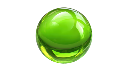 Green glossy transparent sphere, a liquid glass geometric object reflecting light, creating a modern visual for various concepts while presented on a clear alpha channel background, png