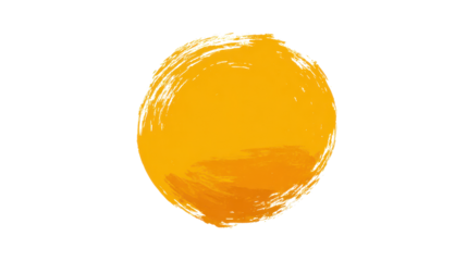 Yellow and orange hand painted brush stroke creating a textured circle shape, a vibrant abstract grunge element with paint splatters, isolated on a transparent background, png