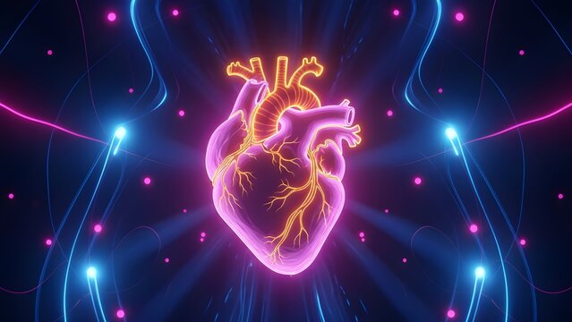 Glowing neon heart with electric blue and pink lights - Powered by Adobe