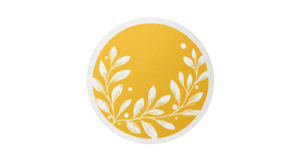 Circular emblem with white botanical branches, leaves and dots forming an organic wreath on a textured yellow backdrop, minimalist eco badge with transparent background, png