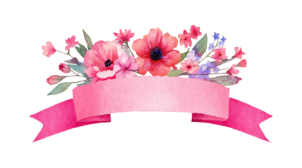 Watercolor floral arrangement with an elegant pink ribbon banner, vibrant pink and red blooms, delicate green leaves and small blossoms on transparent background, space for text, png