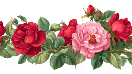 Rose border featuring a seamless pattern of delicate pink and vibrant red blossoms alongside lush green foliage and closed buds, rendering a classic botanical design with a transparent background, png