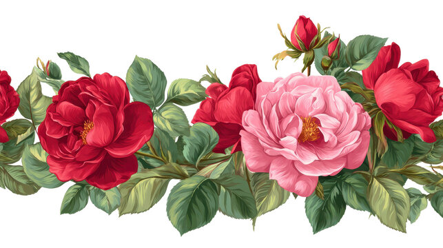Repeating pattern of blooming pink and red roses with green foliage and unopened buds, forming a seamless decorative botanical border with a transparent background, png - Powered by Adobe