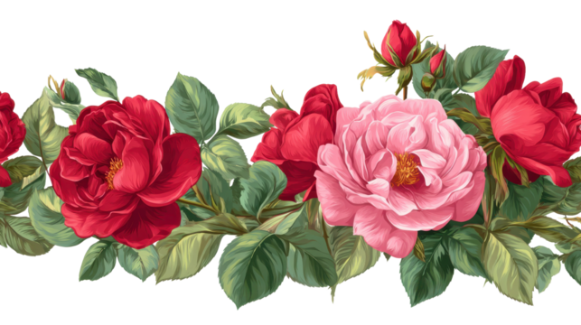Rose border featuring a seamless pattern of delicate pink and vibrant red blossoms alongside lush green foliage and closed buds, rendering a classic botanical design with a transparent background, png - Powered by Adobe