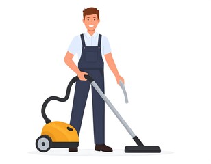 Smiling service worker in blue overalls with vacuum cleaner