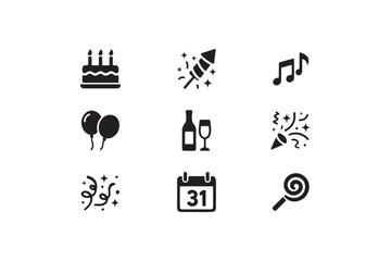 Happy New Year Icon silhouette Collection on white background.