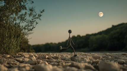Stick figure captured in mid-stride running across a rocky, natural landscape at sunset.