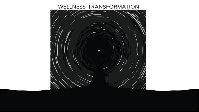 Abstract journey through dark swirling vortex toward bright light of transformation and wellness.