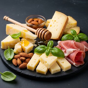 Italian Hard Cheese: An artfully arranged selection of Italian cheeses, featuring shards of Pecorino Romano and slices of Provolone Piccante. Accompaniments: honey drizzle, Marcona almonds, fresh basi