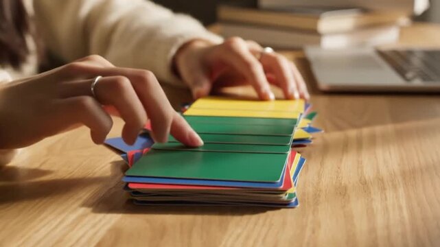 Close-Up of Hands Arranging Colorful Learning Cards on a Desk With Cinematic Texture
