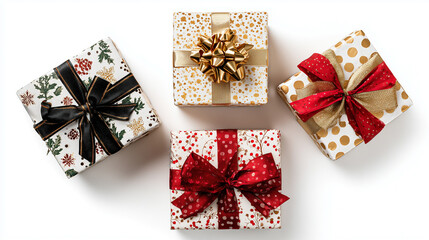 Four beautifully wrapped gift boxes feature patterns in navy, beige, teal and green with gold ribbons, perfect for holiday gifting, celebrations, and premium present displays