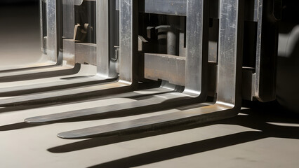 A detailed view of a forklift's metallic forks, casting elongated shadows on a smooth surface
