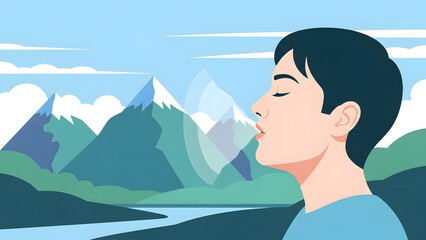 A man exhaling with closed eyes in nature scene