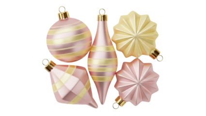 Isolated Christmas ornaments set holiday decorations gold and pink round teardrop stars festive