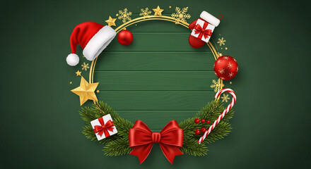 Festive Christmas wreath with Santa hat, ornaments, gifts, candy cane and fir branches on green wood background.