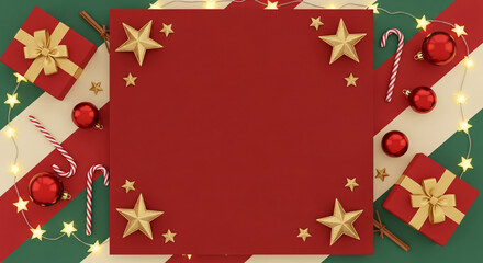 Festive Christmas flat lay with copy space, decorated with gifts, stars, baubles, candy canes, cinnamon sticks and fairy lights on a red and green striped background.