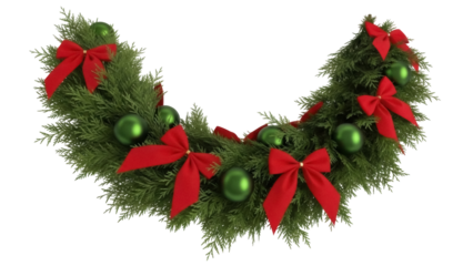 Isolated Christmas wreath with red bows and green baubles, seasonal festive ornament