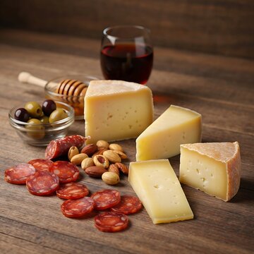 Spanish Rustic Selection: An artfully arranged selection of Spanish cheeses (excluding Manchego/Tetilla), featuring a wedge of sharp Zamorano and a small piece of smoky Idiazabal. Accompaniments: Span