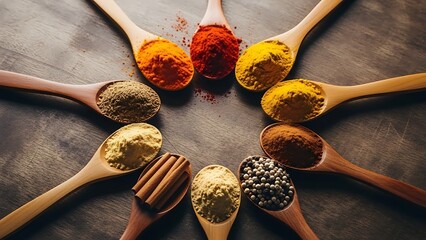 A vibrant assortment of colorful spices arranged in a circular pattern on wooden spoons.