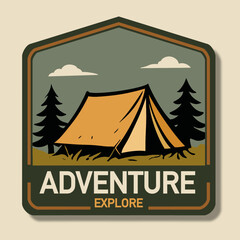 Adventure explore badge illustration with camping tent and forest scenery. Retro style outdoor emblem perfect for travel, exploration, hiking, and adventure-themed designs.