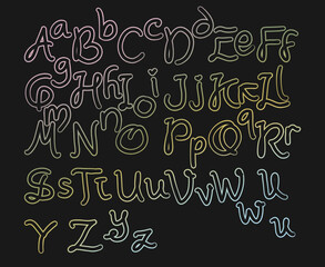 Handwritten alphabet font in neon glowing style on dark background. Creative decorative typography suitable for posters, logos, branding, signage, and modern design projects.