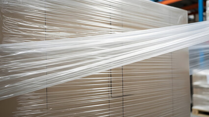 Boxes secured in transparent plastic wrap, prepared for shipment, highlighting the details of logistical operation