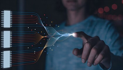 Person's finger touching glowing data streams, illustrating concepts of big data, network analysis, and digital transformation.