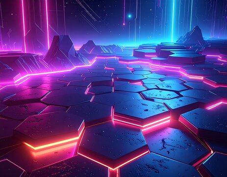 Futuristic sci-fi landscape with neon lighting on hexagonal surface
