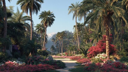 a tranquil oasis awaits in a serene and lush tropical garden filled with vibrant flowers and towering palm trees under soft warm sunlight
