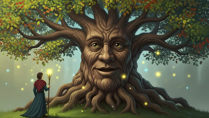 A magical scene with a wise tree with a face and a figure standing near the tree