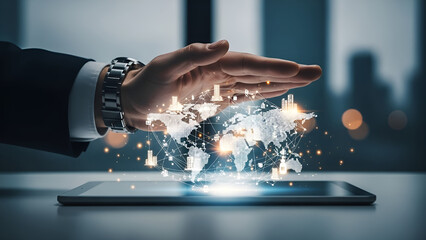 Businessman's hand protects a glowing holographic world map projected from a tablet, symbolizing global connectivity and data security.