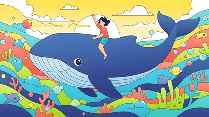 A cheerful illustration of a person riding a giant blue whale in the ocean