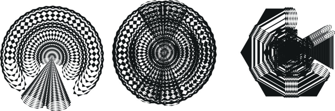 Three black and white crystal formations with concentric circular patterns
