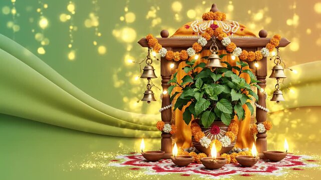 Tulsi Vivah celebration with sacred Tulsi plant mandap decorations bells and kumkum patterns