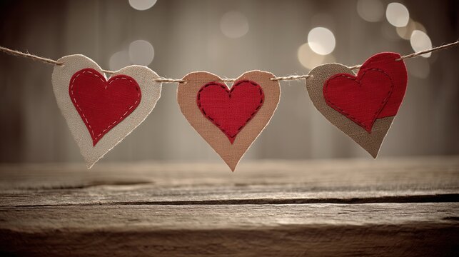 Valentine’s Day with Eco-friendly Concept. Burlap hearts hanging on a string with a blurred background. - Powered by Adobe