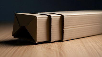 A neatly wrapped package with a brown paper on a wooden table. The package has been tied together with black bands