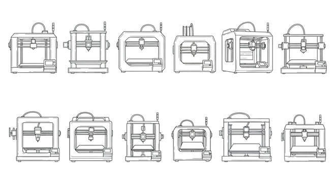 Line drawings of 3d printers in various orientations