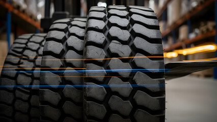 Three stacked tires with a forklift against the background of the warehouse