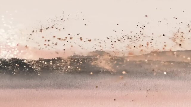 Abstract, blurred landscape with soft colors and floating elements suggesting mountains