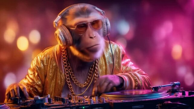 DJ monkey in a shiny gold jacket and headphones, spinning records amid neon club lights, bass-heavy