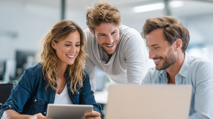 teamwork collaboration in modern office, young professionals working together, business team meeting with laptop
