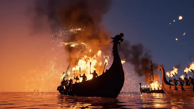 Up Helly Aa background with Viking longship silhouettes torch flames and fiery night festival mood