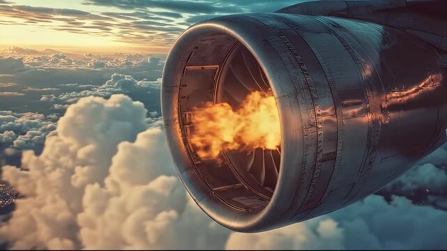 Close-up of a powerful jet engine at sunset with flames igniting and illuminating the metallic turbine